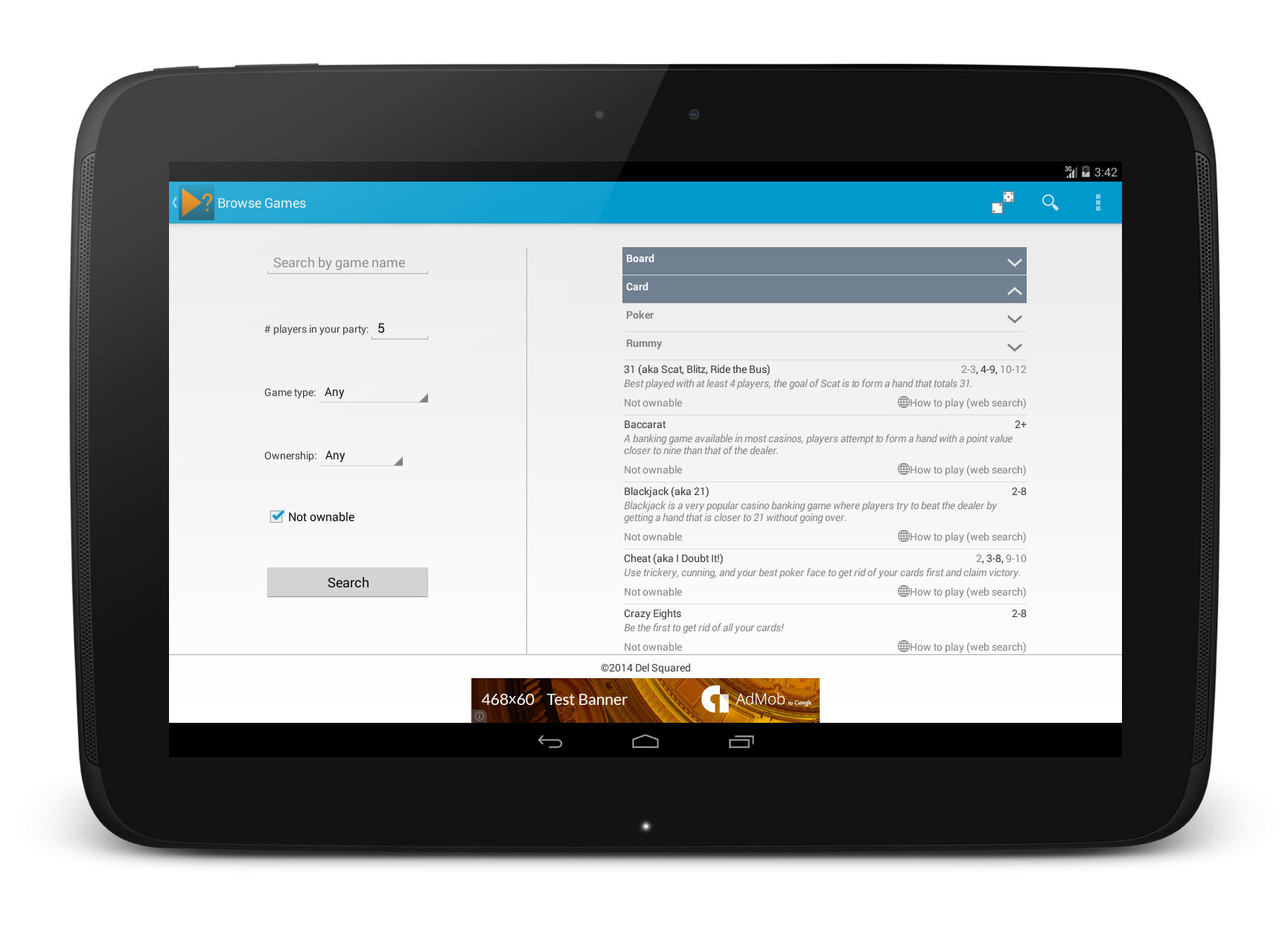 Browse games screen on 10 inch tablet in landscape orientation